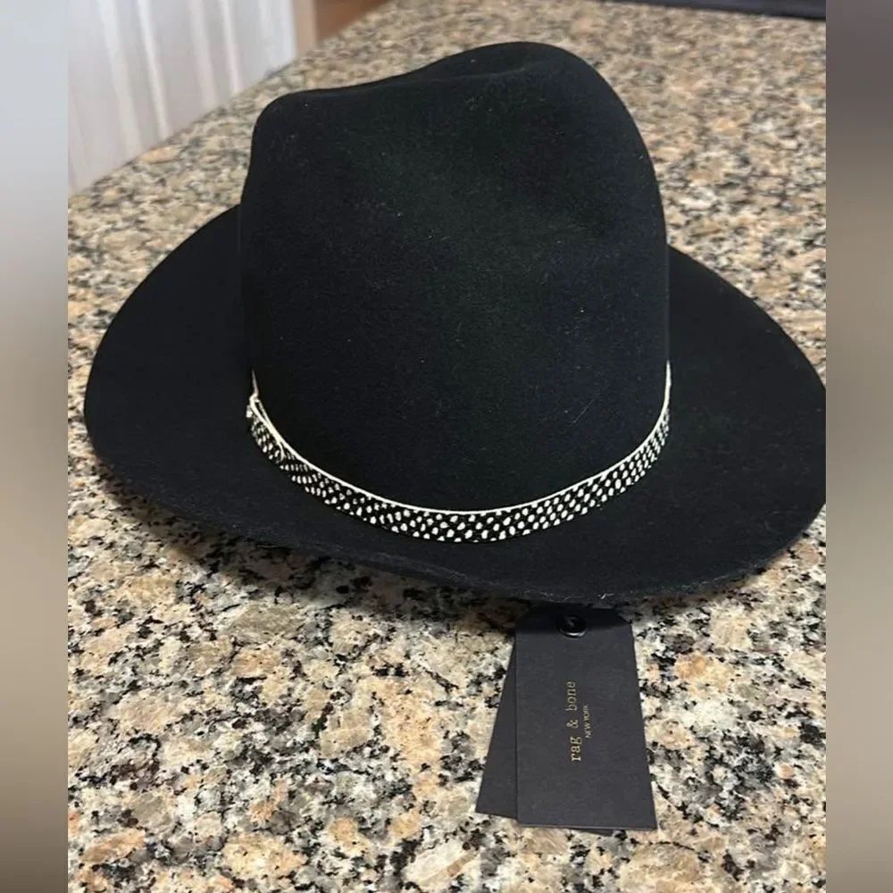 NWT Rag & Bone Floppy Brim Fedora Hat - Black- Goat Leather and Wool